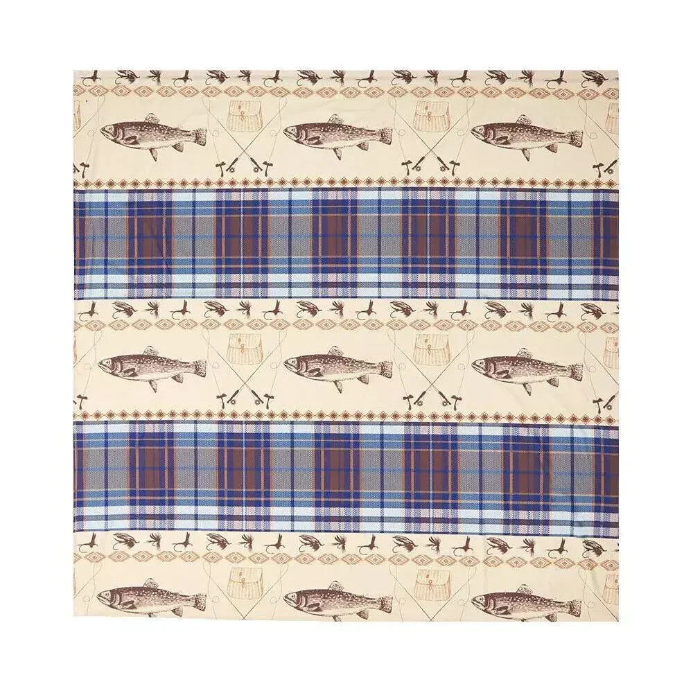 Fly Fishing Shower Curtain Rod Reel Lures Fish Lodge Blue Plaid Tan 72